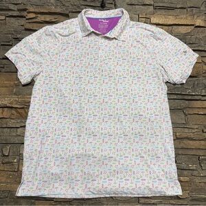 Birdie Bound Golf Polo Shirt Men XL White All Over Graphic Print Stretch Spandex